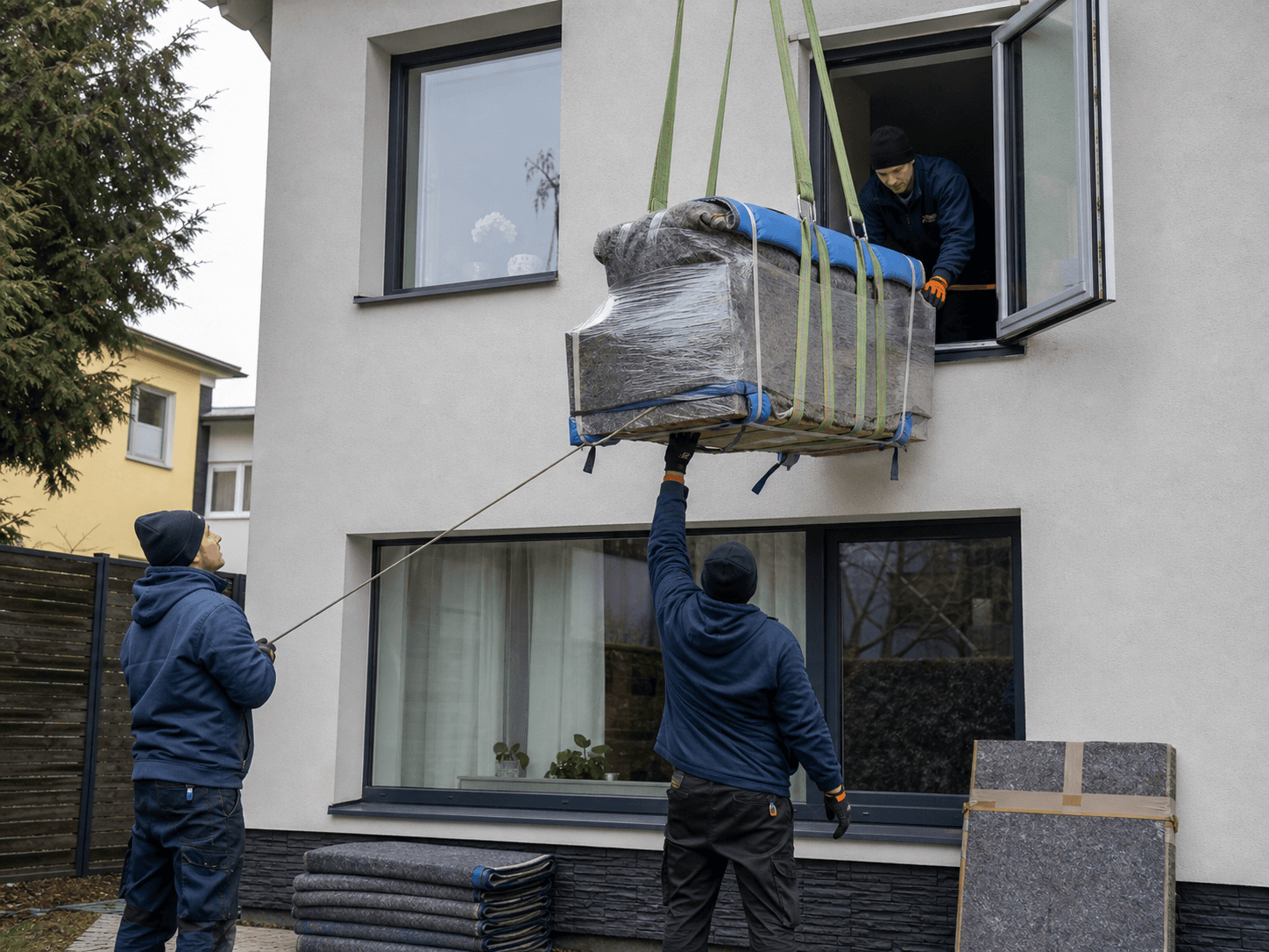 Kaitstud mööbli tõstmine akna kaudu
